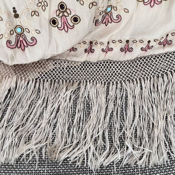 Vintage Silk Embroidered Beaded Scarf Shawl Stole Wrap Fringe Beige Soft 104x26” - Picture 8 of 16